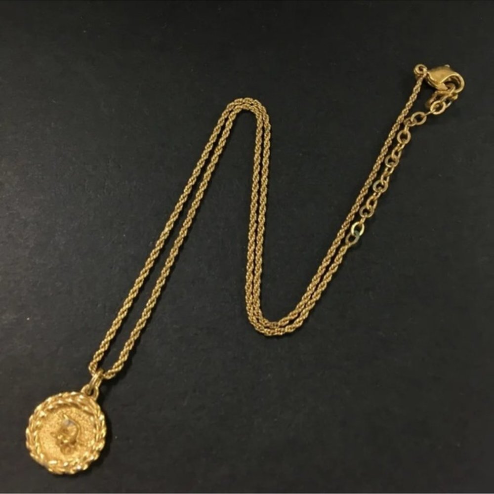 Christian Dior Logo Gold Small Weave Medallion Circle Pendant Necklace